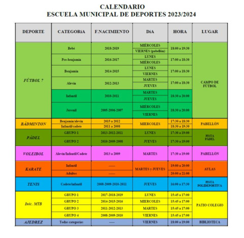 Calendario Escuela Municipal de Deportes 2023/2024